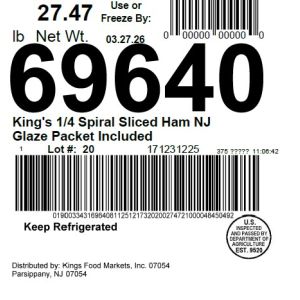 King's 1/4 Spiral Sliced Ham NJ Glaze Packet Included