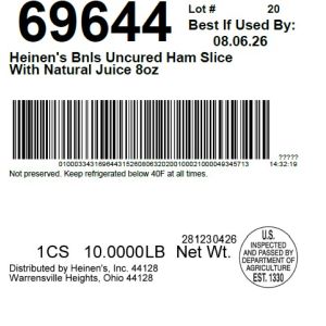 Heinen's Bnls Uncured Ham Slice With Natural Juice 8oz