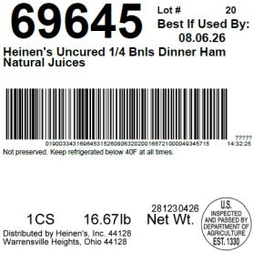 Heinen's Uncured 1/4 Bnls Dinner Ham Natural Juices
