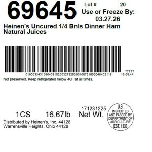 Heinen's Uncured 1/4 Bnls Dinner Ham Natural Juices