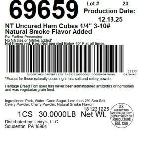 NT Uncured Ham Cubes 1/4 3-10# Natural Smoke Flavor Added