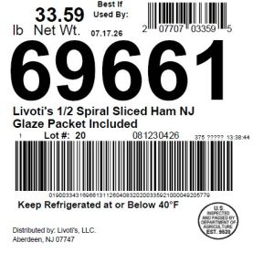 Livoti's 1/2 Spiral Sliced Ham NJ Glaze Packet Included