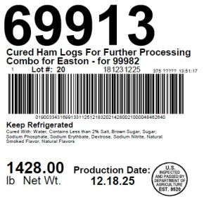 Cured Ham Logs For Further Processing Combo for Easton - for 99982