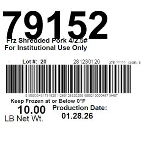 Frz Shredded Pork 4/2.5# For Institutional Use Only