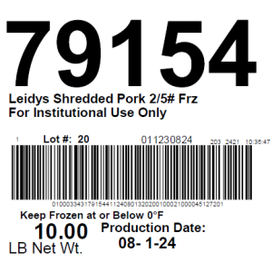 Leidys Shredded Pork 2/5# Frz For Institutional Use Only