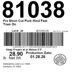 Frz Short Cut Pork Hind Feet Toes On