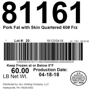 Pork Fat with Skin Quartered 60# Frz