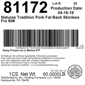 Natures Tradition Pork Fat Back Skinless Frz 60#