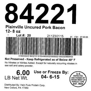 Plainville Uncured Pork Bacon 12- 8 oz