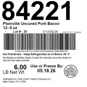 Plainville Uncured Pork Bacon 12- 8 oz