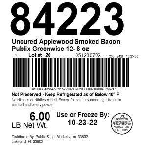 Uncured Applewood Smoked Bacon Publix Greenwise 12- 8 oz