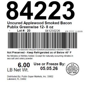 Uncured Applewood Smoked Bacon Publix Greenwise 12- 8 oz