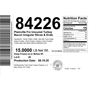 Plainville Frz Uncured Turkey Bacon Irregular Slices & Ends