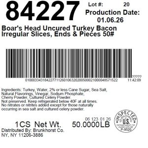 Boar's Head Uncured Turkey Bacon Irregular Slices, Ends & Pieces 50#