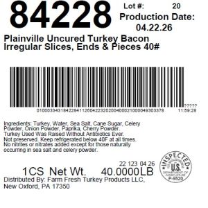 Plainville Uncured Turkey Bacon Irregular Slices, Ends & Pieces 40#