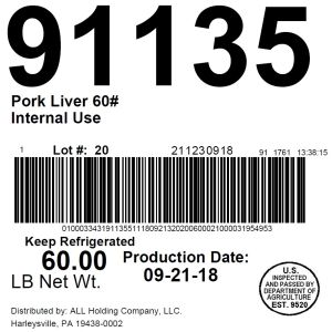 Pork Liver 60# Internal Use