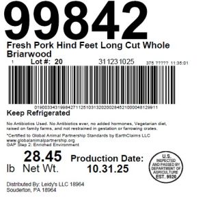 Fresh Pork Hind Feet Long Cut Whole Briarwood