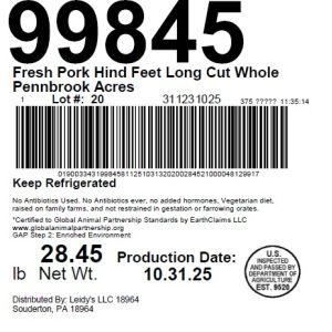 Fresh Pork Hind Feet Long Cut Whole Pennbrook Acres