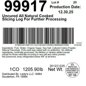 Uncured All Natural Cooked Ham Slicing Log For Further Processing