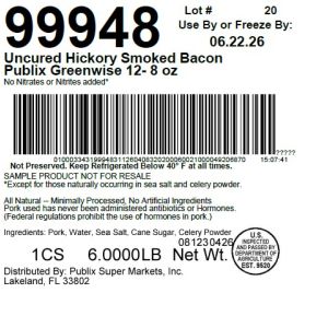 Uncured Hickory Smoked Bacon Publix Greenwise 12- 8 oz