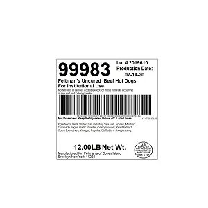 Feltman's Uncured  Beef Hot Dogs For Institutional Use