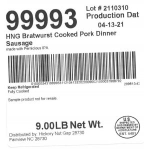 HNG Bratwurst Cooked Pork Dinner Sausage